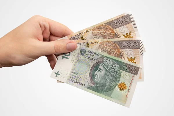 Hand holding PLN banknotes on white background — 图库照片