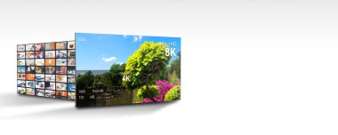 Çözünürlüklerin karşılaştırılması ile 8K çözünürlük görüntüsü. TV ekranı kavramsal grafik. Web afişi arkaplanı