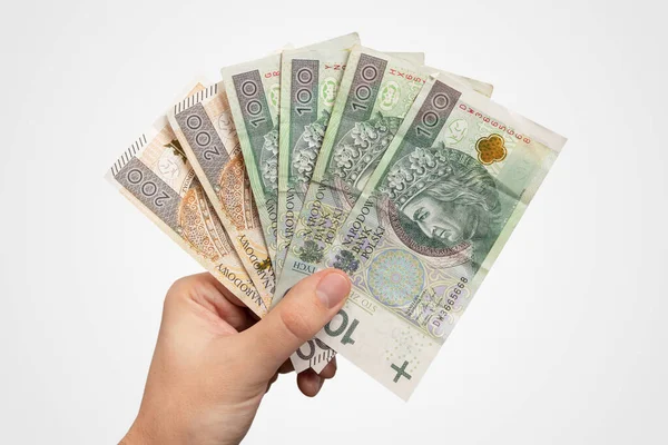 Hand Holding Pln Banknotes Polish Zloty Currency Salary Loan Concept — Stock Photo, Image