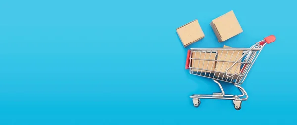 Carro Compras Con Cajas Cartón Concepto Compras Por Internet — Foto de Stock