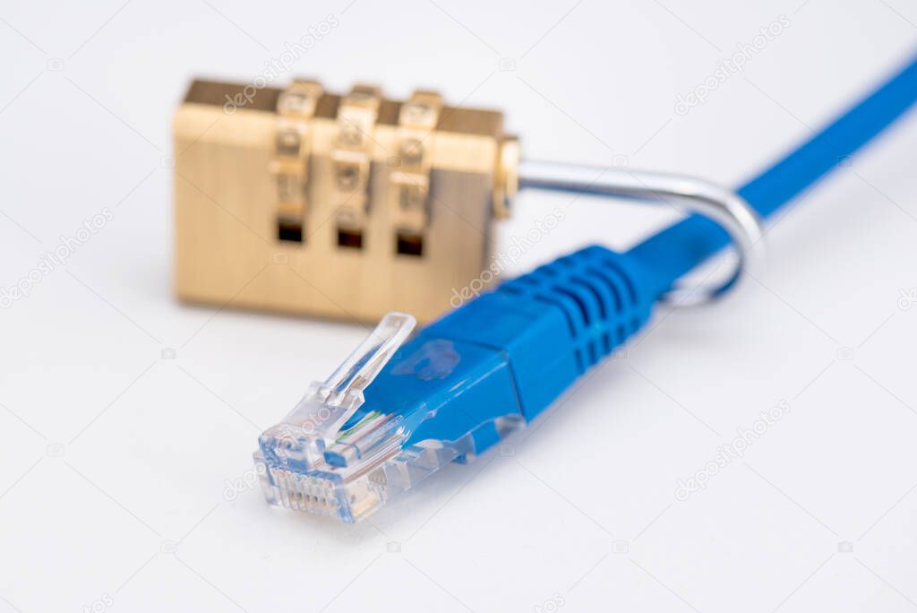 Lock on ethernet wire. Internet security concept