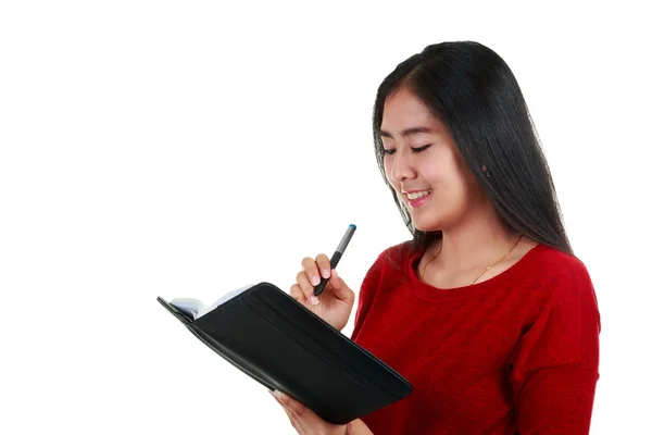 Jovem Mulher Asiática Segurando Livro Tomando Nota Com Sorrindo Fundo — Fotografia de Stock