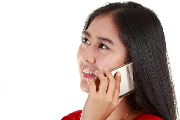 Asian Young Woman Calling Discuss Mobile Phone Beautiful Teenage White — Stock Photo, Image