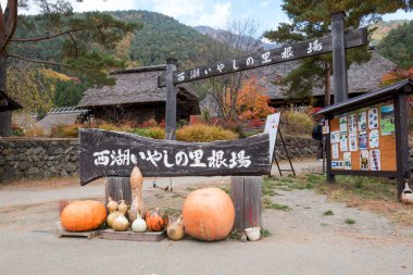 Yamanashi, Japan - 15 Ekim 2015; Antik köy kapısı Saiko yok Sato Nenba nerede turist gibi ne zaman Kawaguchigo göl etrafında seyahat etmek ziyaret etmek yerdir Iyashi adlı