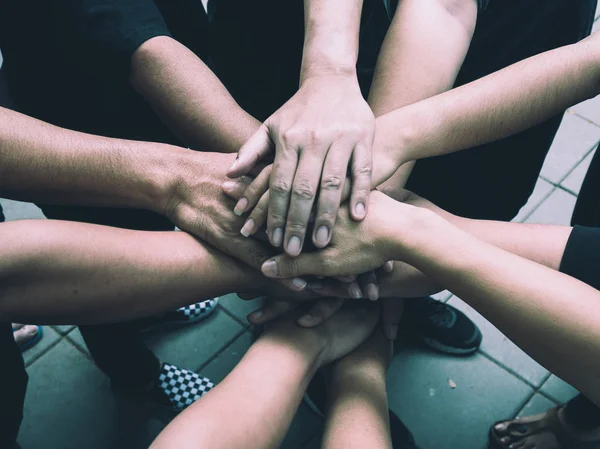 Teamwork Concept Many People Standing Hands Together Field Starting Competition — Stock Photo, Image