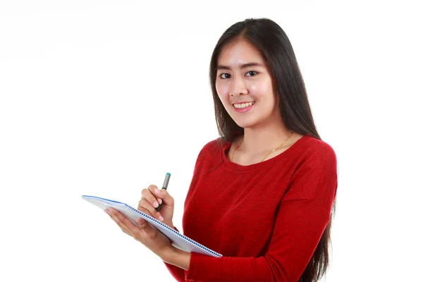 Jovem Mulher Asiática Segurando Livro Tomando Nota Com Sorrindo Para — Fotografia de Stock