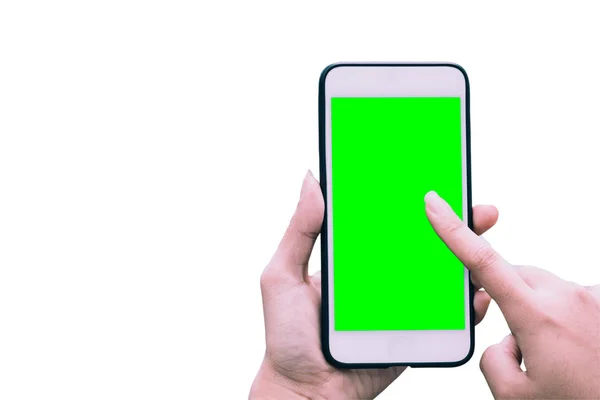 tutan güzel kadın el ve dokunmatik chroma anahtar yeşil ekran beyaz arka planda, yeni teknoloji kavramı kırpma yoluyla ile mobil akıllı telefon