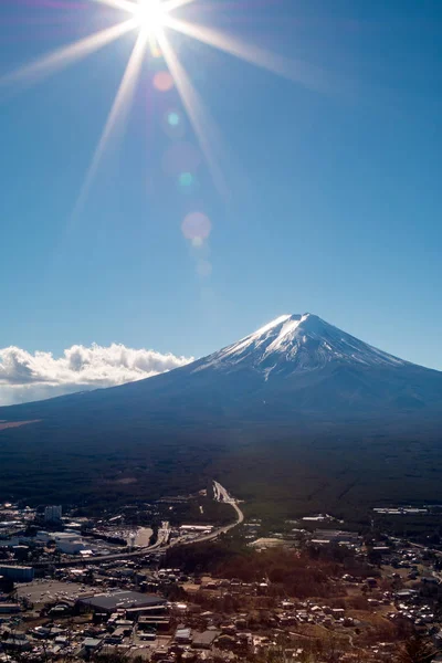 Monte Fuji Temporada Invierno Con Sol Como Una Estrella Bonito —  Fotos de Stock