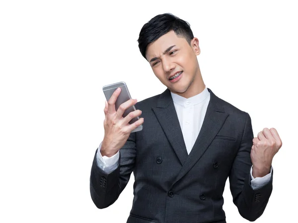 Handsome Businessman Feel Excited While Holding Mobile Phone Fist Other — 스톡 사진