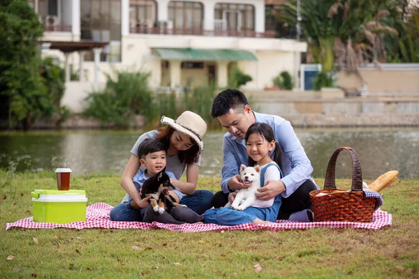 Asyalı aile babası anne ve çocukları Pinic ve Shiba inu köpeği göl kenarındaki tarlada