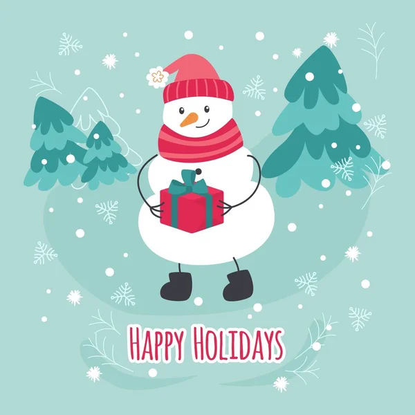 正方形のクリスマスのバナー。彼の手に贈り物を持つ陽気な雪だるま — ストックベクタ