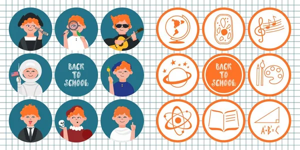 Set of children s characters. Icons with a boy in a flat style. School and education concept