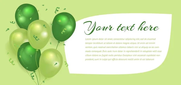 Fondo verde con globos. Plantilla para diseño de banner o volante con espacio libre para texto. Ilustración vectorial — Vector de stock