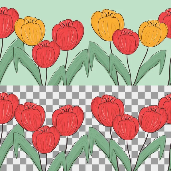 Jarní květinová hranice. Ohraničení červeného tulipánu izolované na průhledném pozadí. — Stockový vektor