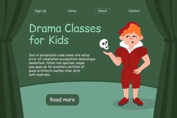 Plantilla de landing page de clases de teatro para niños. Concepto educativo. Ilustración vectorial. Estilo plano . — Vector de stock