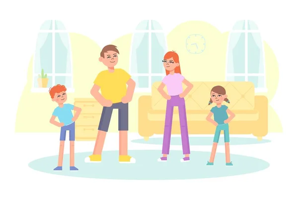 Famille heureuse faisant des exercices matinaux à la maison . — Image vectorielle