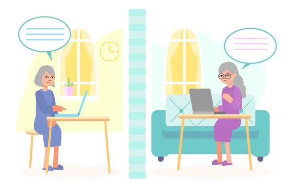 Perempuan yang lebih tua berkomunikasi melalui Internet - Stok Vektor
