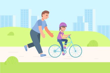 Baba kızına bisiklet sürmeyi öğretiyor..