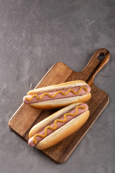 Hot Dogs Mustard Wooden Board Hot Dogs Served Stone Table — Stock Photo, Image