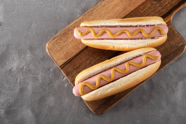 Hot Dogs Mustard Wooden Board Hot Dogs Served Stone Table — Stock Photo, Image