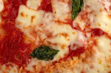 Masada taze pizza var. Kıyma peyniriyle sade pizza, üstüne fesleğen. Et ve fesleğenli pizza. Akşam yemeği için ahşap masada ev yapımı lezzetli İtalyan pizzası. İtalyan mutfağı.