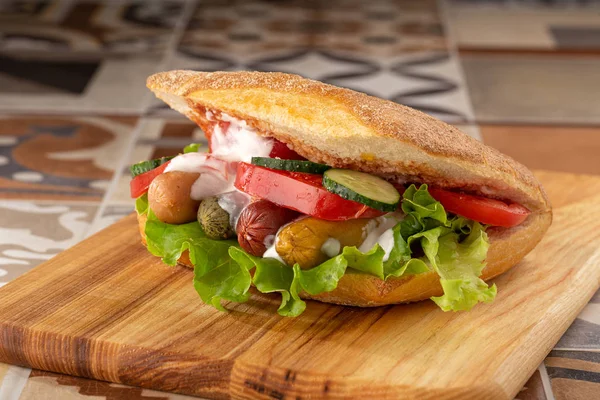 Hot Dogs Mustard Ketchup Vegetables Wooden Table — Stock Photo, Image