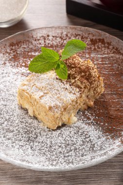 Kremalı Napoleon Millefeuille vanilya dilimli naneli kek. Napolyon 'a yakın plan ekşi kremalı poğaça keki. Besleyici bir tatlı. Napolyon keki.