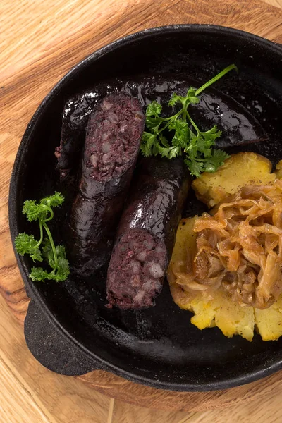 Home Made Blood Sausage Rustic Pan Sausages Cooking Frying Pan — Stock Photo, Image