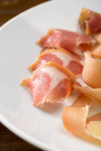 Sliced cold cuts. Mix of sliced meat. cold meat plate. Close upprosciutto