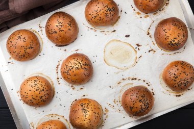 Tahtasında susam tohumu olan lezzetli yuvarlak çörekler. Tahta arka planda susam tohumlu ev yapımı tam buğday burger çörekleri.. 