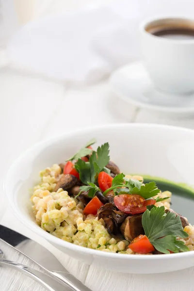 Oatmeal Mushrooms Vegetables Breakfast White Table Healthy Breakfast Healthy Diet — 스톡 사진