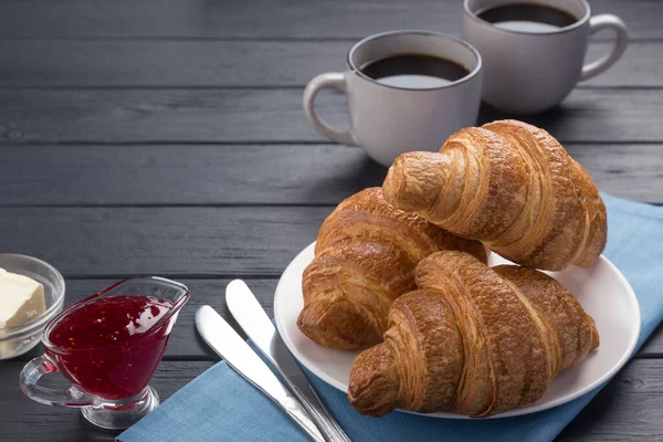 Fresh Croissants Black Wooden Table Served Coffee Coffeepot Butter Jam — Stock Photo, Image
