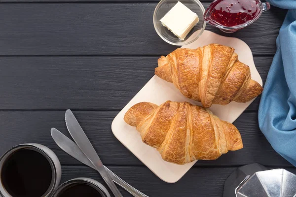 Fresh Croissants Black Wooden Table Served Coffee Coffeepot Butter Jam — Stock Photo, Image