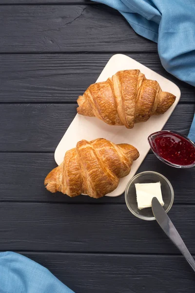 Fresh Croissants Black Wooden Table Served Coffee Coffeepot Butter Jam — Stock Photo, Image