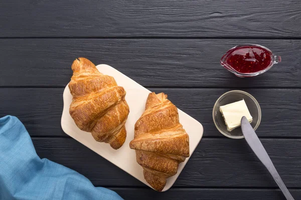 Fresh Croissants Black Wooden Table Served Coffee Coffeepot Butter Jam — Stock Photo, Image