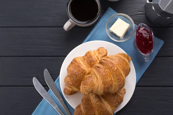 Fresh Croissants Black Wooden Table Served Coffee Coffeepot Butter Jam Stock Photo