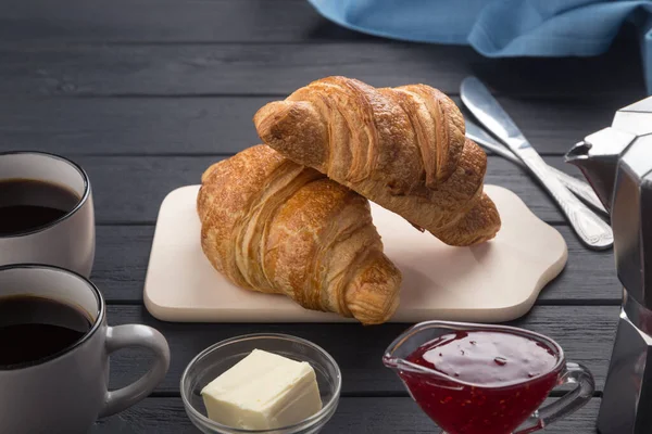 Fresh Croissants Black Wooden Table Served Coffee Coffeepot Butter Jam Royalty Free Stock Images
