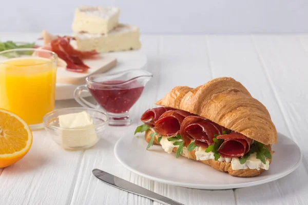 Fresh Croissant Sandwich Ham Cheese Arugula White Wooden Table Croissant — Stock Photo, Image