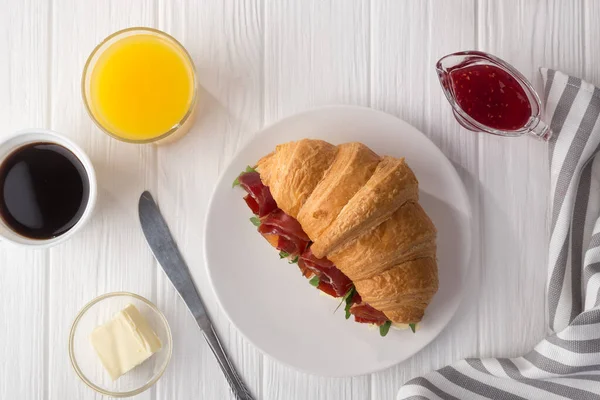 Fresh Croissant Sandwich Ham Cheese Arugula White Wooden Table Served — Stock Photo, Image