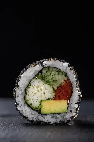 Sushi Rolls Vegetables Dark Background Sushi Set Stone Plate Dark — Stock Photo, Image