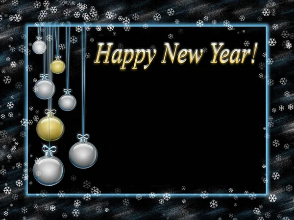 greeting card happy new year, blue frame and gold lettering