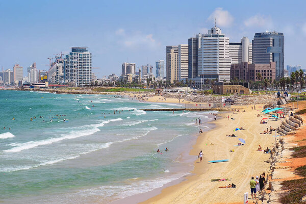 TEL AVIV, ISRAEL - August 24, 2016: view from old Yafo to the waterfront with modern luxury hotels and beach on august 24, 2016 Tel Aviv-Yafo, Israel