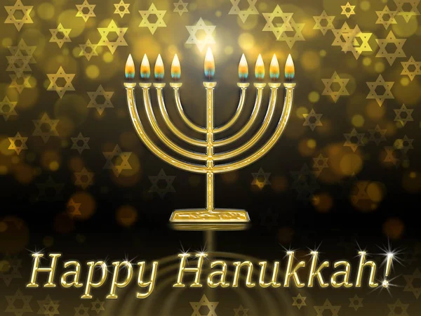 Carte Vœux Avec Inscription Heureux Hanukkah Hanukkah Menorah Doré Hanukiah — Photo