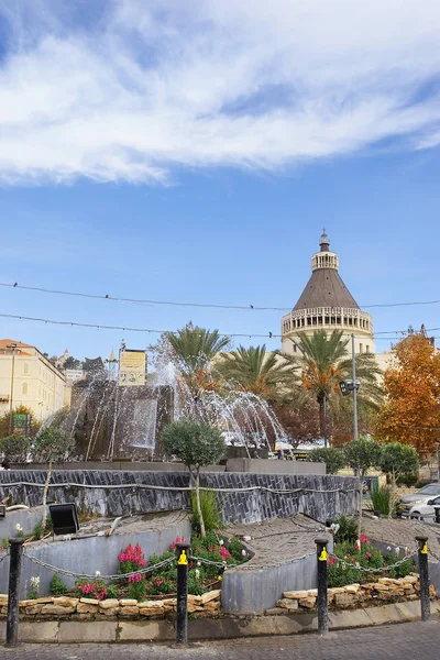 Nazareth Srail Aralık Çeşme Önünde Duyuru Basilica Nazareth Srail Için — Stok fotoğraf