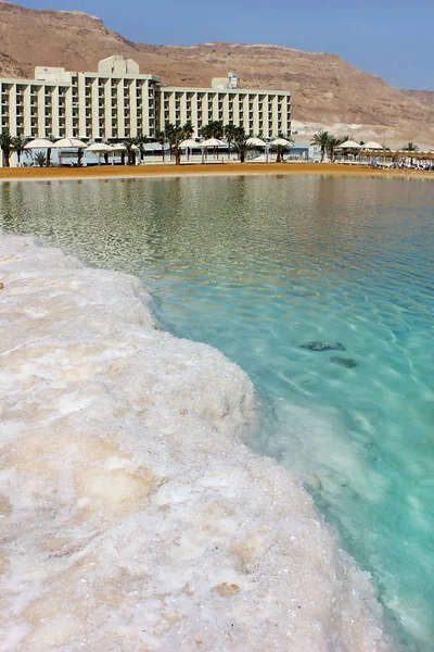 Dead Sea Ein Bokek Izrael Marca Widok Plaży Ośrodek Miejscowości — Zdjęcie stockowe