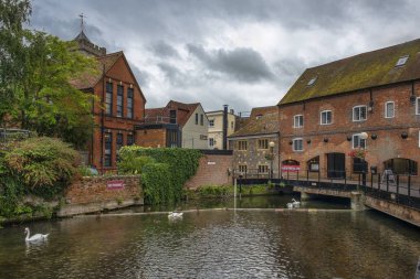 Salisbury, İngiltere - 03 Ağustos 2015: cityscape River Avon, Riverside Walk, Salisbury, Wiltshire, İngiltere'de Maltings ile