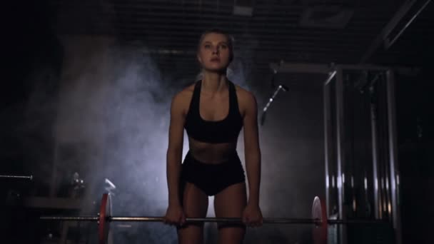 Concentrated Tired Woman Doing Exercise Barbell — Stock Video