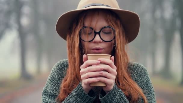 Portrait Young Red Hair Woman Drinking Coffee Foggy Autumn Park — Stock Video