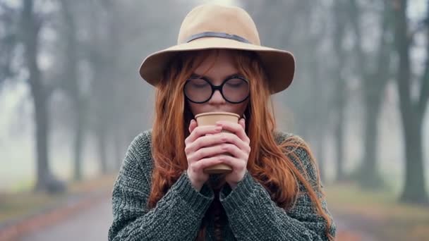 Mujer Pelo Rojo Joven Con Sombrero Anteojos Pie Parque Beber — Vídeo de stock