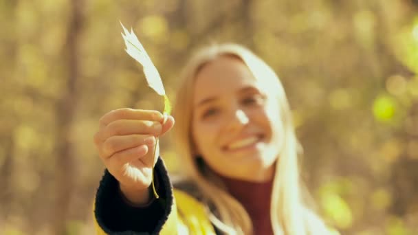 一个笑容满面的金发女人拿着黄色枫叶的画像 把注意力放在叶子上 — 图库视频影像